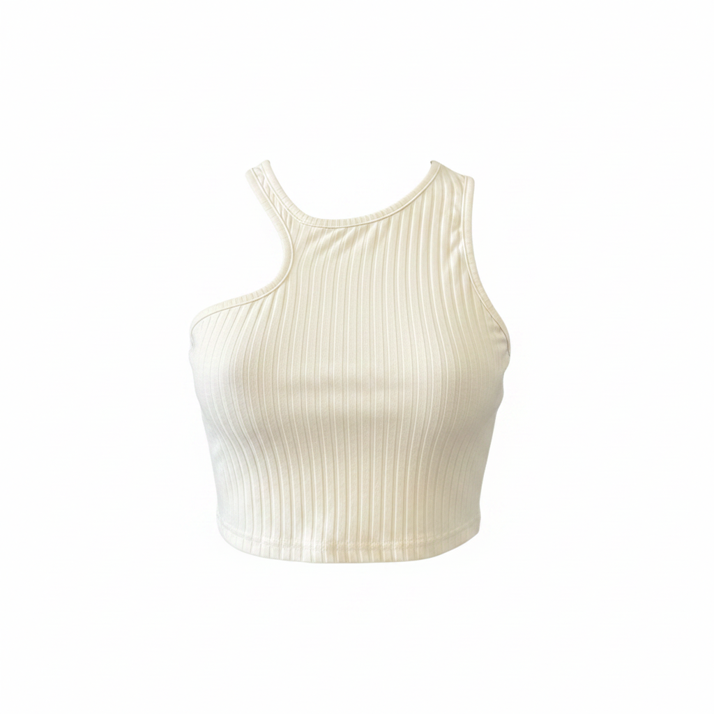 Women's White Ribbed Asymmetrical Cutout Crop Top