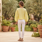 Women's Yellow Linen V-Neck Ruched Blouse
