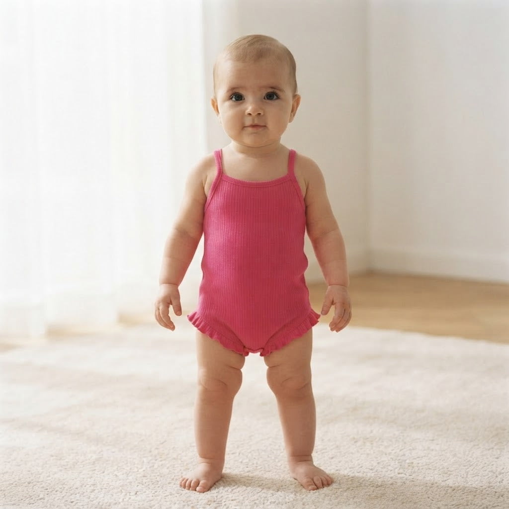 SHEIN Hot Pink Ribbed Double Strap Baby Romper - Size 6-9M