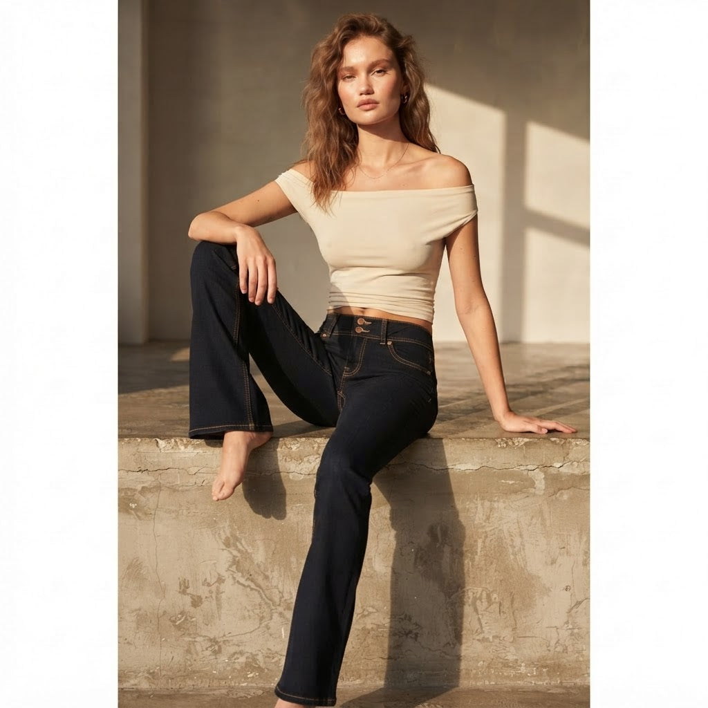 Bershka Dark Indigo Flared Jeans with Amber Contrast Stitchi