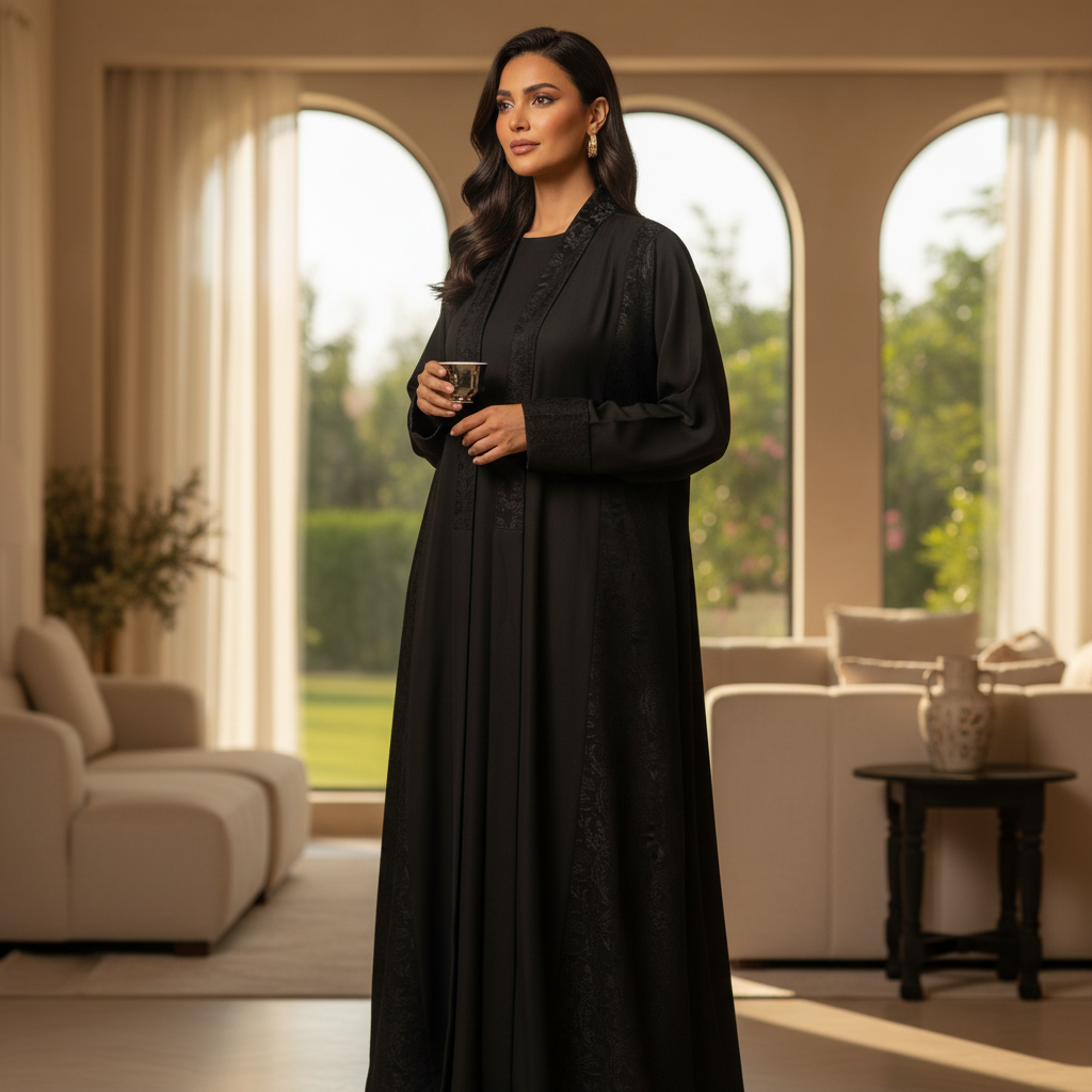 Women's Black Jacquard Open Front Abaya Robe