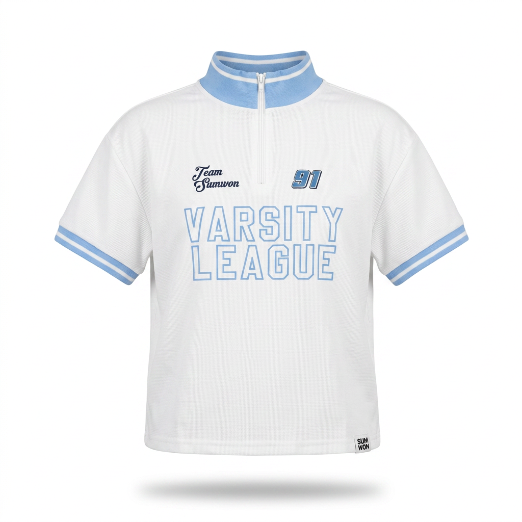 SUMWON White & Blue Varsity Jersey Top with Zip Mock Collar
