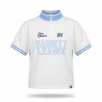 SUMWON White & Blue Varsity Jersey Top with Zip Mock Collar