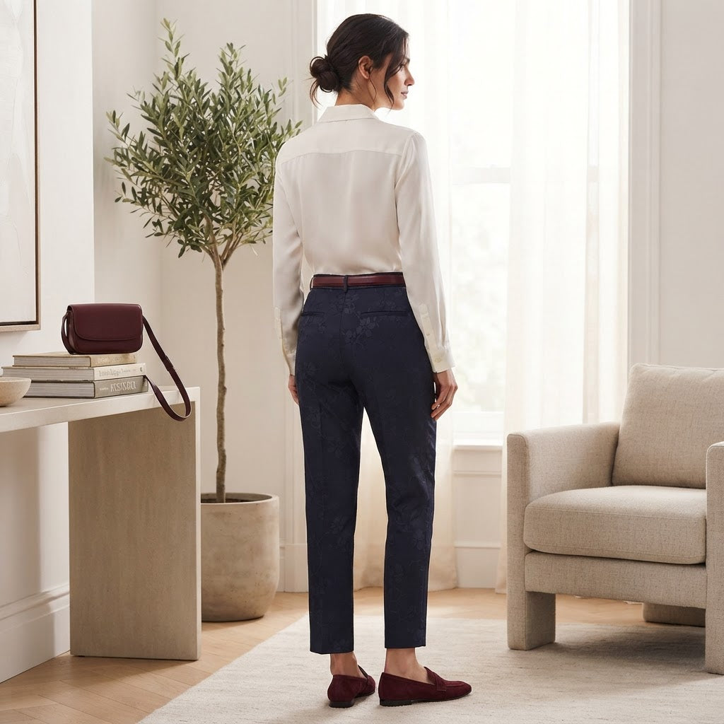 Women's Navy Floral Jacquard High-Waist Tailonavy blue Trousers