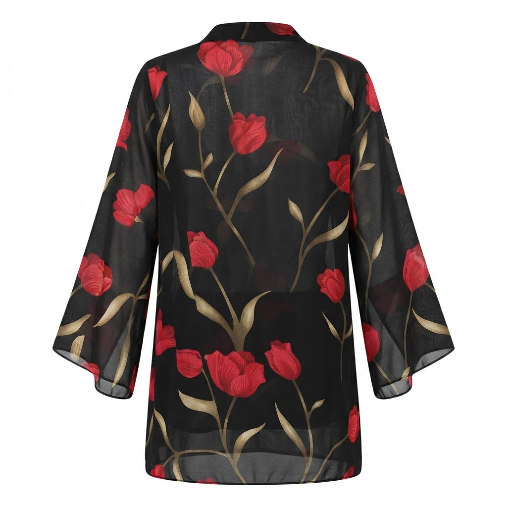 Women's Black Sheer Long Floral Open-Front Jacket Kimono Abaya