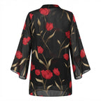 Women's Black Sheer Long Floral Open-Front Jacket Kimono Abaya
