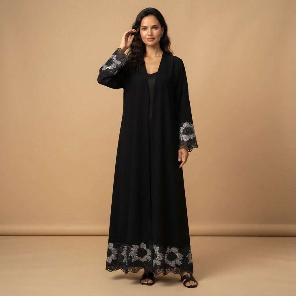 Black Floral Lace Crepe Abaya Long Robe