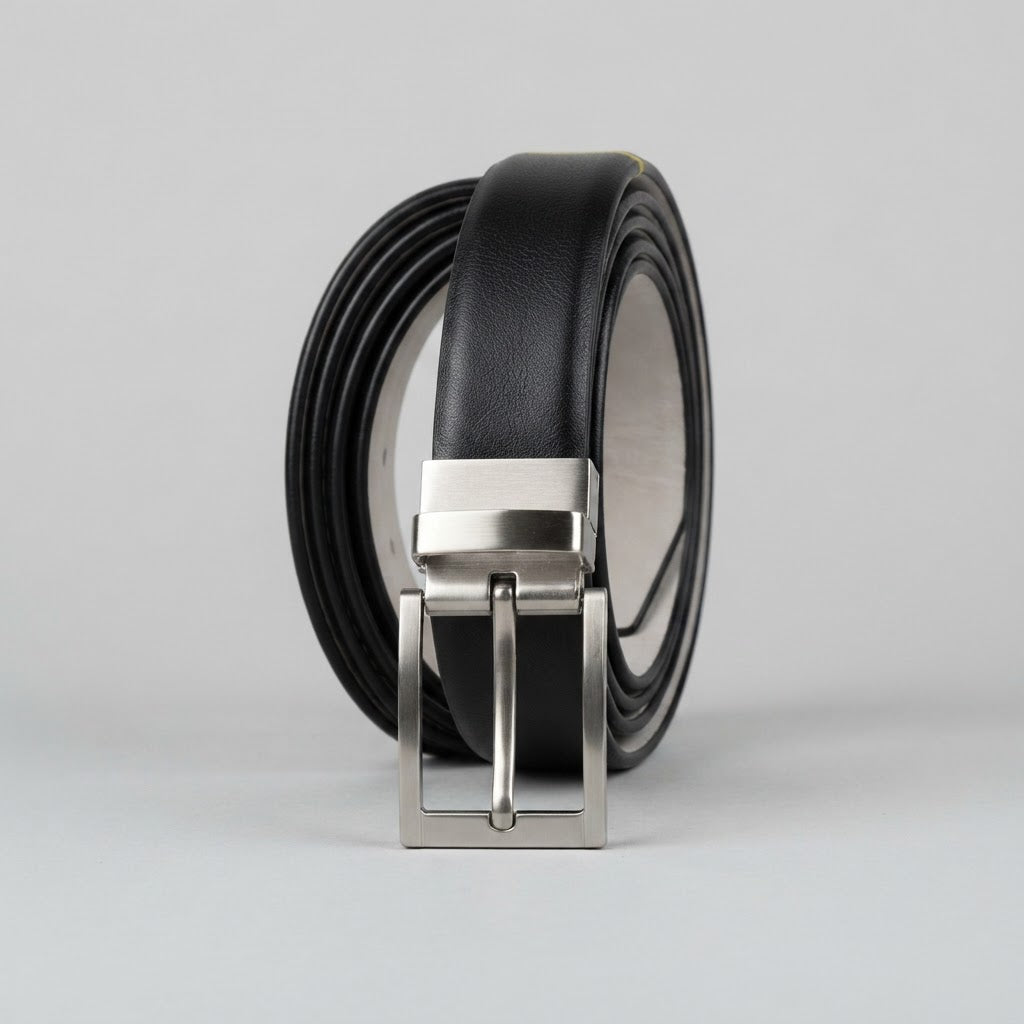 Men's Black Leather Belt with Polished black Buckle