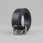 Men's Black Leather Belt with Industrial Metal Hardware