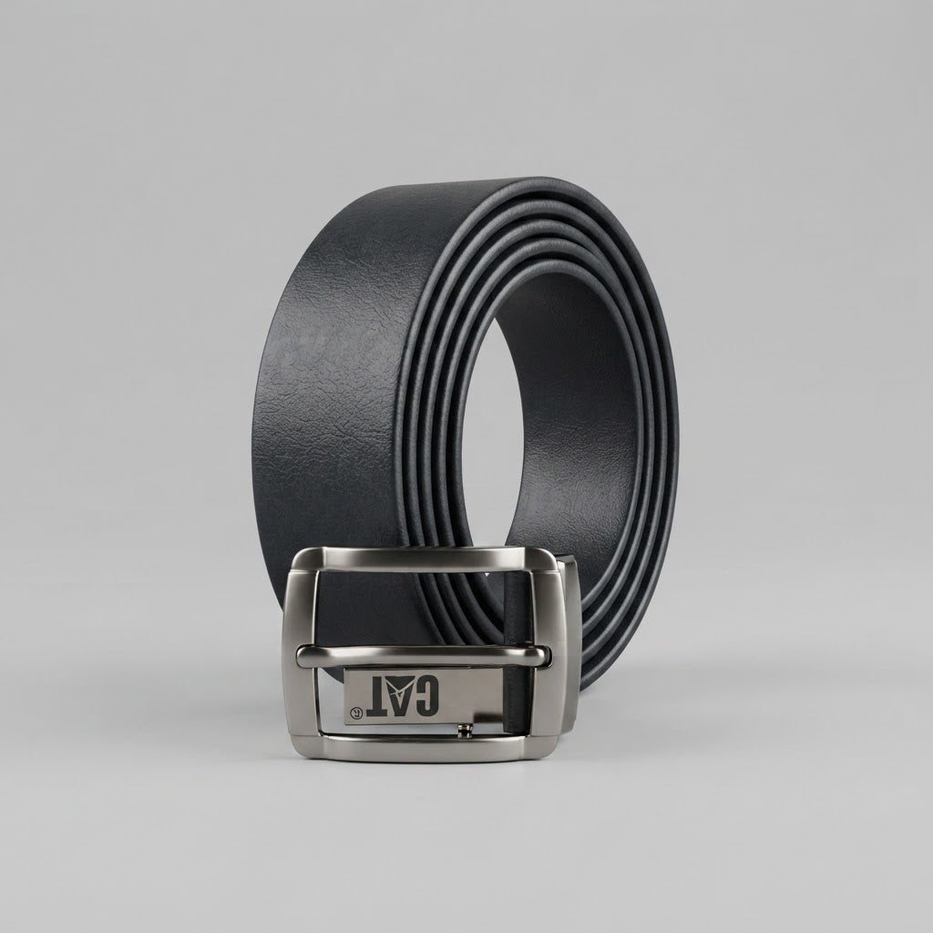 Men's Black Leather Belt with Industrial Metal Hardware