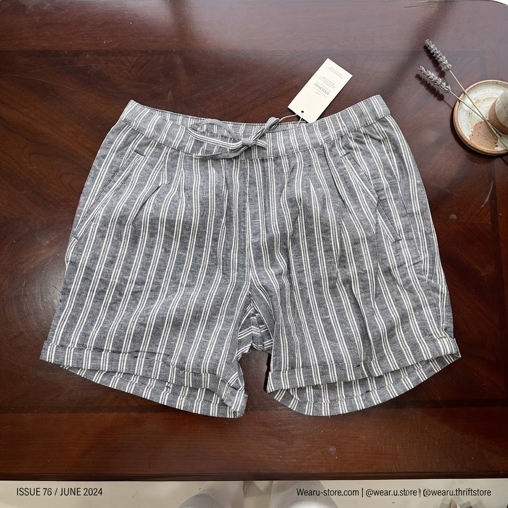 Dark Grey and White Striped Drawstring Linen Shorts