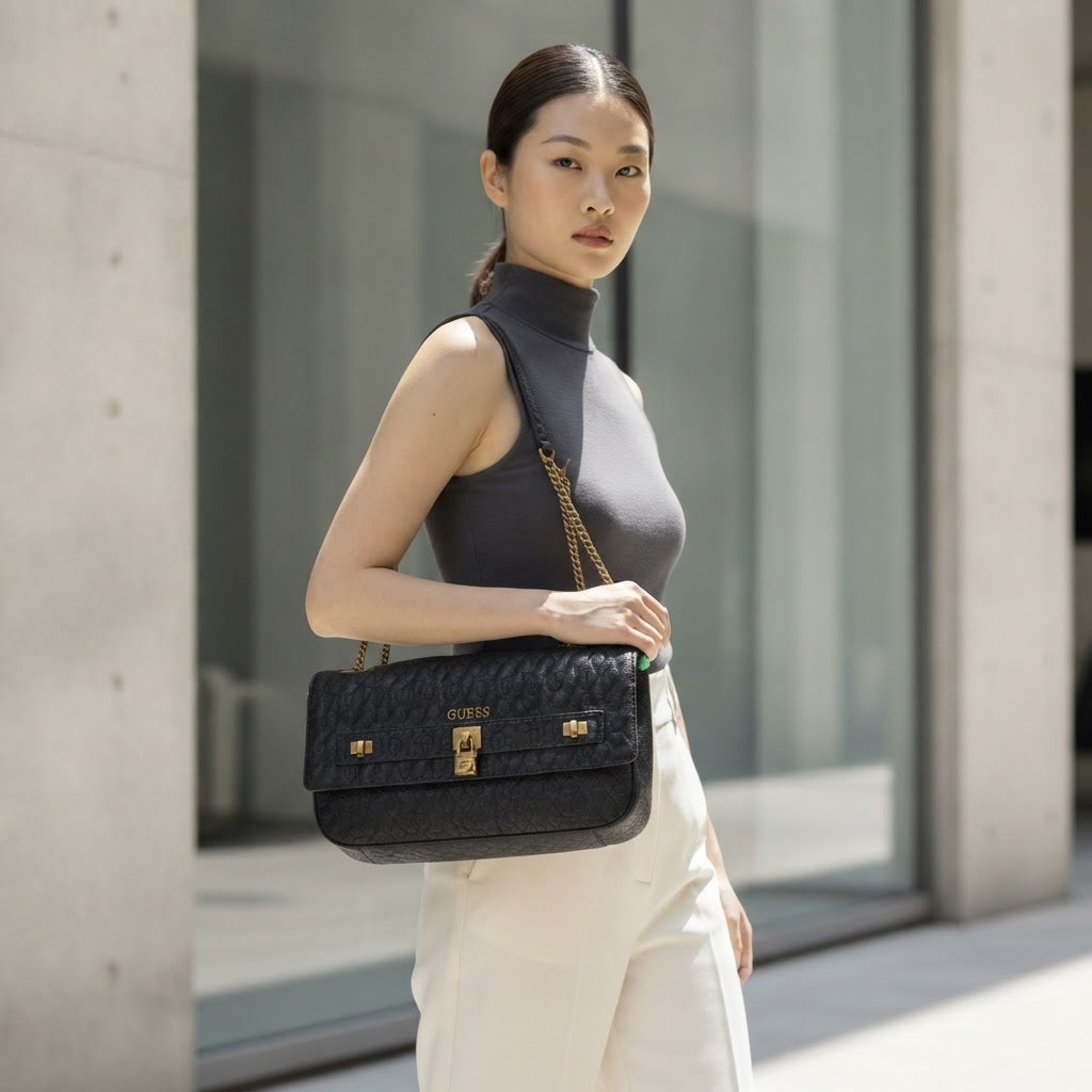 GUESS Guess Black Embossed Logo Flap Shoulder Bag