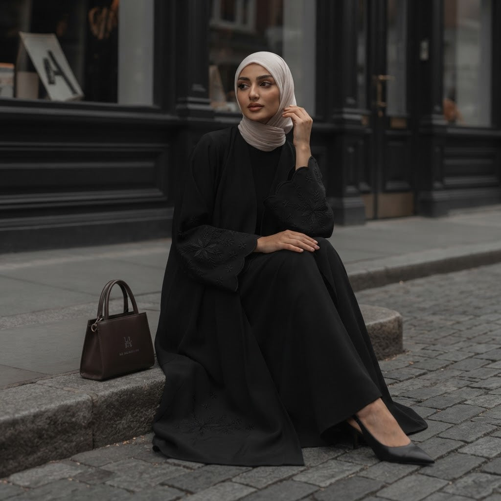 Private Black Embroidered Open-Front Abaya with Scalloped Sl
