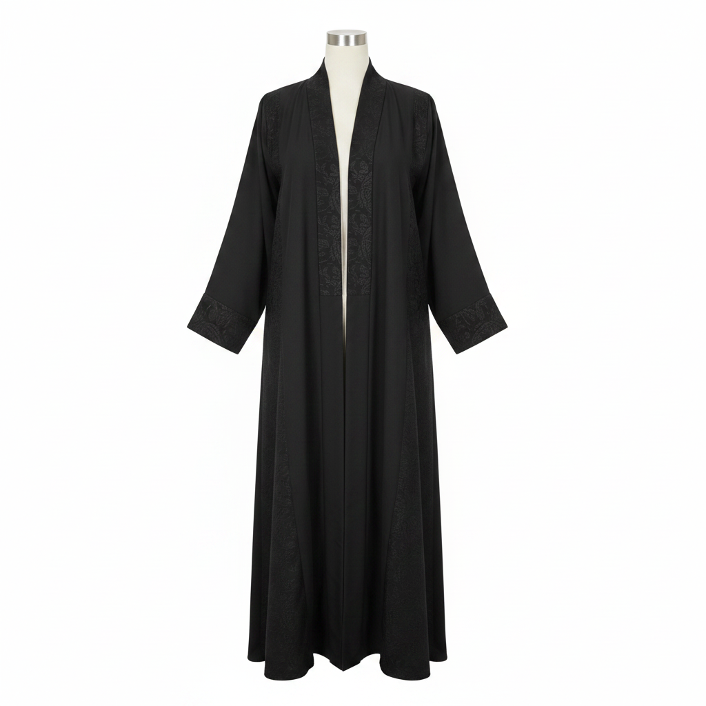 Women's Black Jacquard Open Front Abaya Robe
