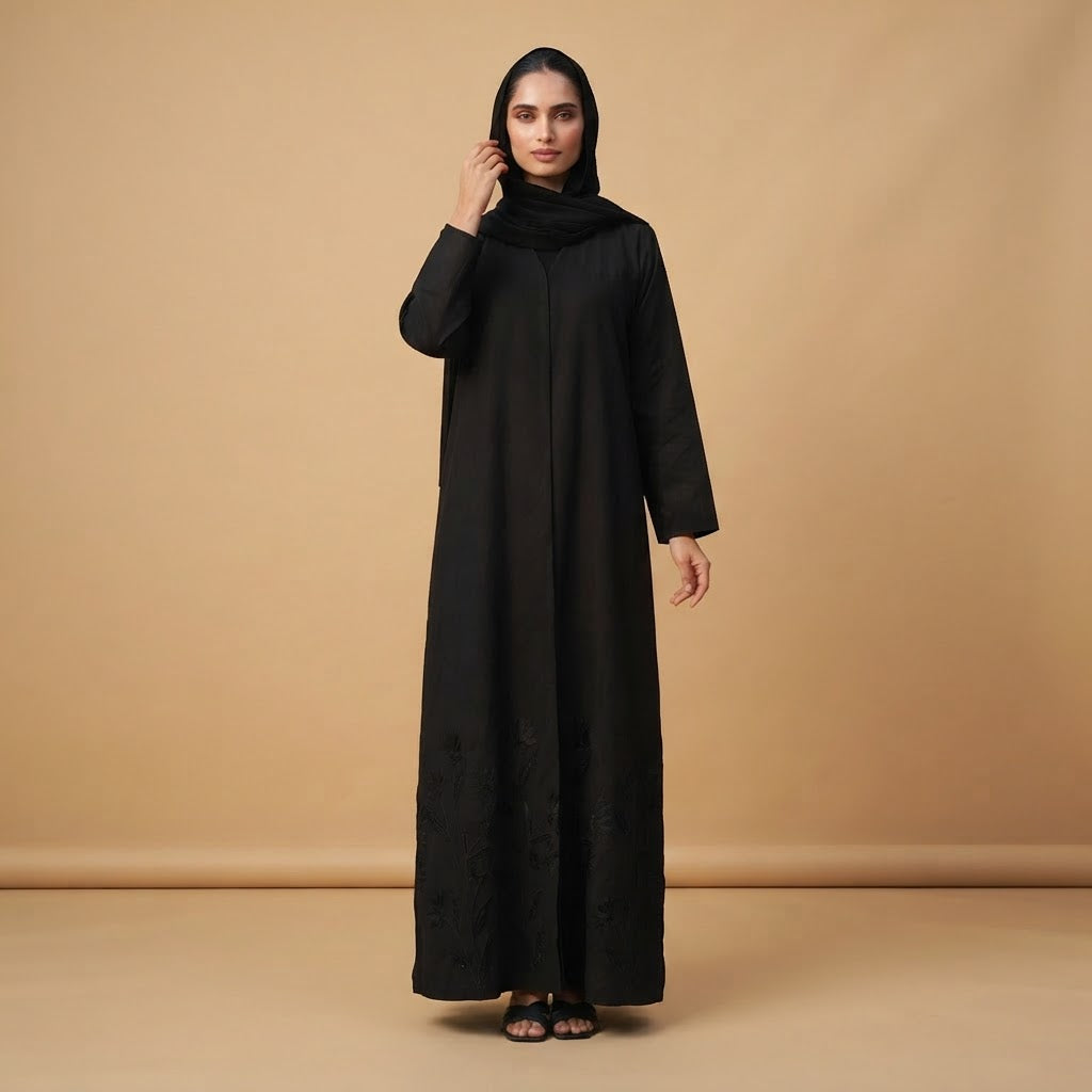 Women's Black Long-Sleeved Embroidered Maxi Abaya Robe