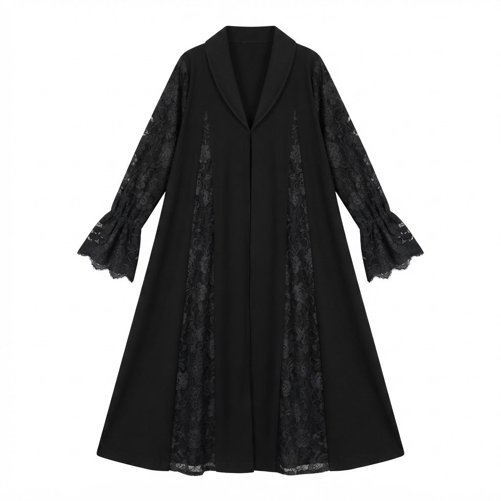 guess Black Open-Front Abaya with Floral Lace Panels
