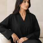 Cervo Black Open-Front Abaya with Structured Banded Cuffs