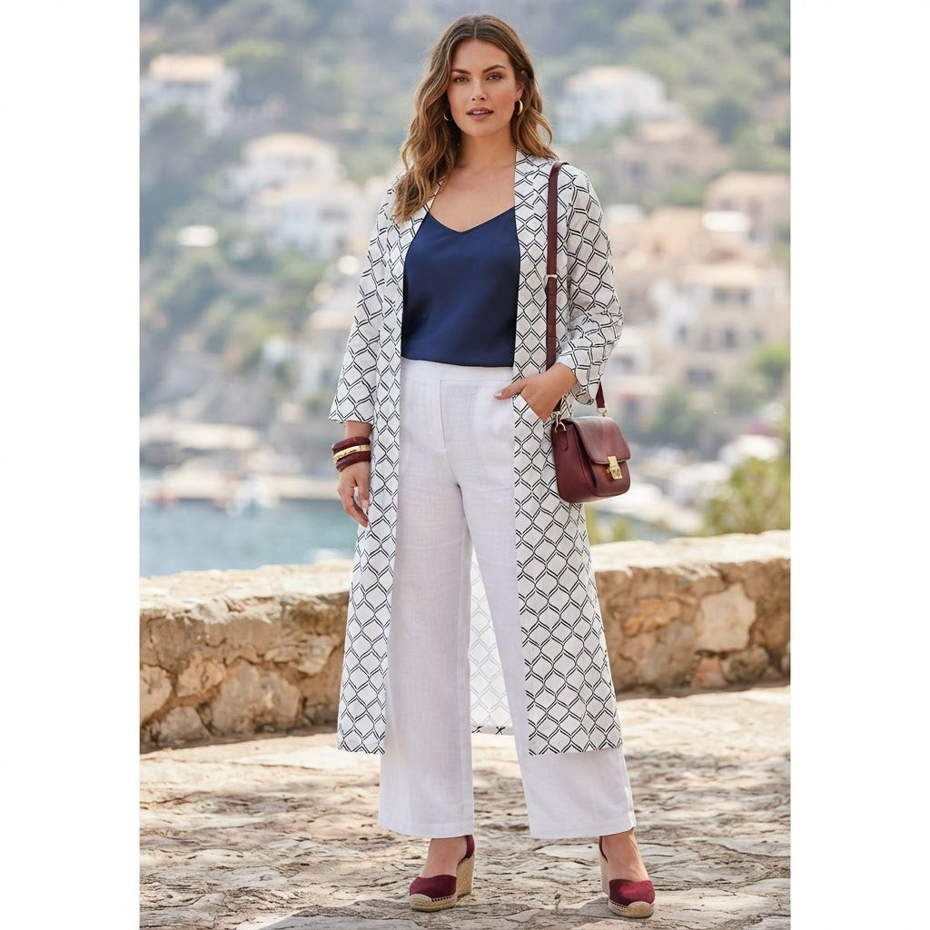 SHEIN Women's White and white Geometric Duster Kimono Abaya