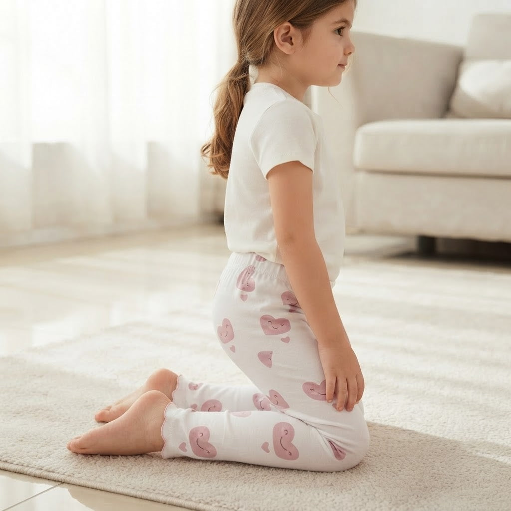 SHEIN White Ankle Leggings with Pink Kawaii Heart Print