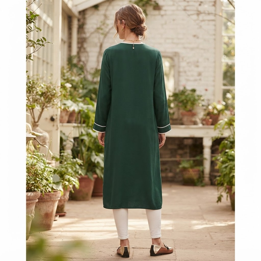 SHEIN Women's Dark Green Open-Front Abaya with dark green Pi