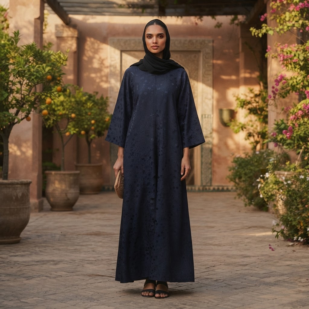 Navy Blue Floral Jacquard Long Modest V-Neck Dress