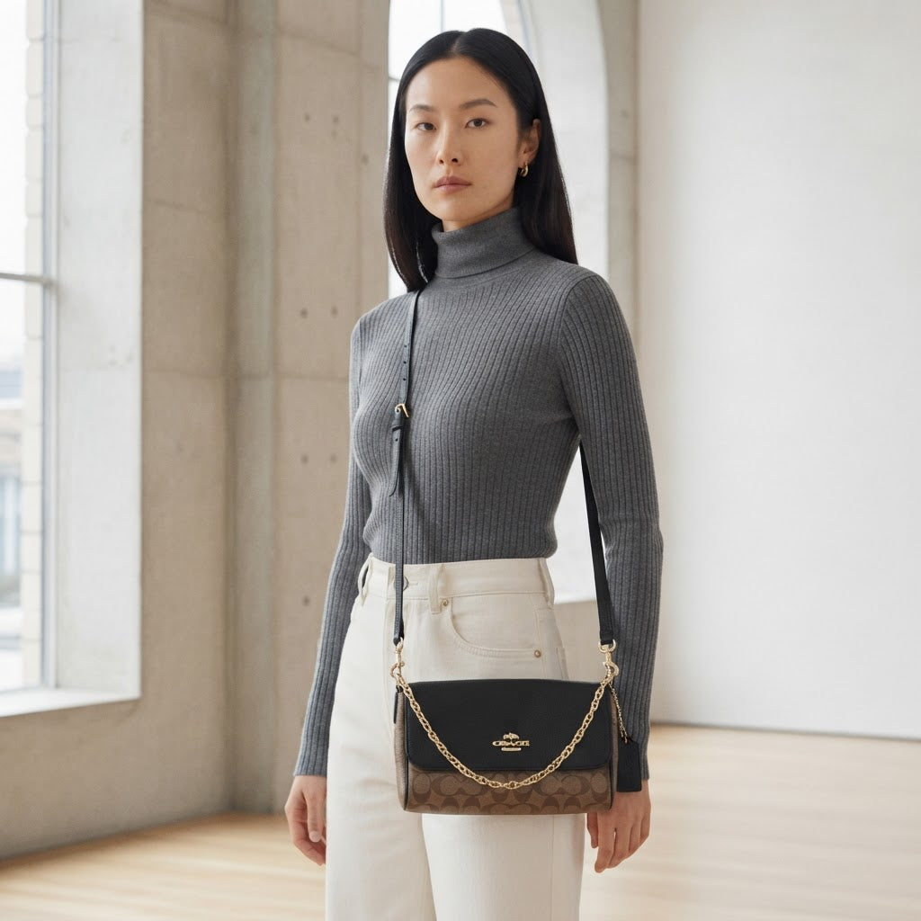 COACH NEW YORK Black Leather and Monogram Crossbody Bag