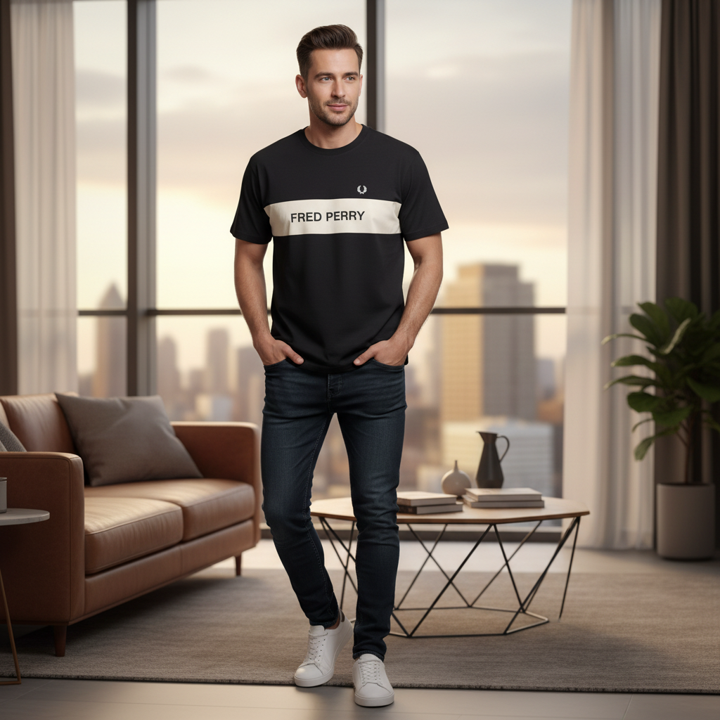 FRED PERRY Men's Black Crew Neck T-Shirt with White Chest St