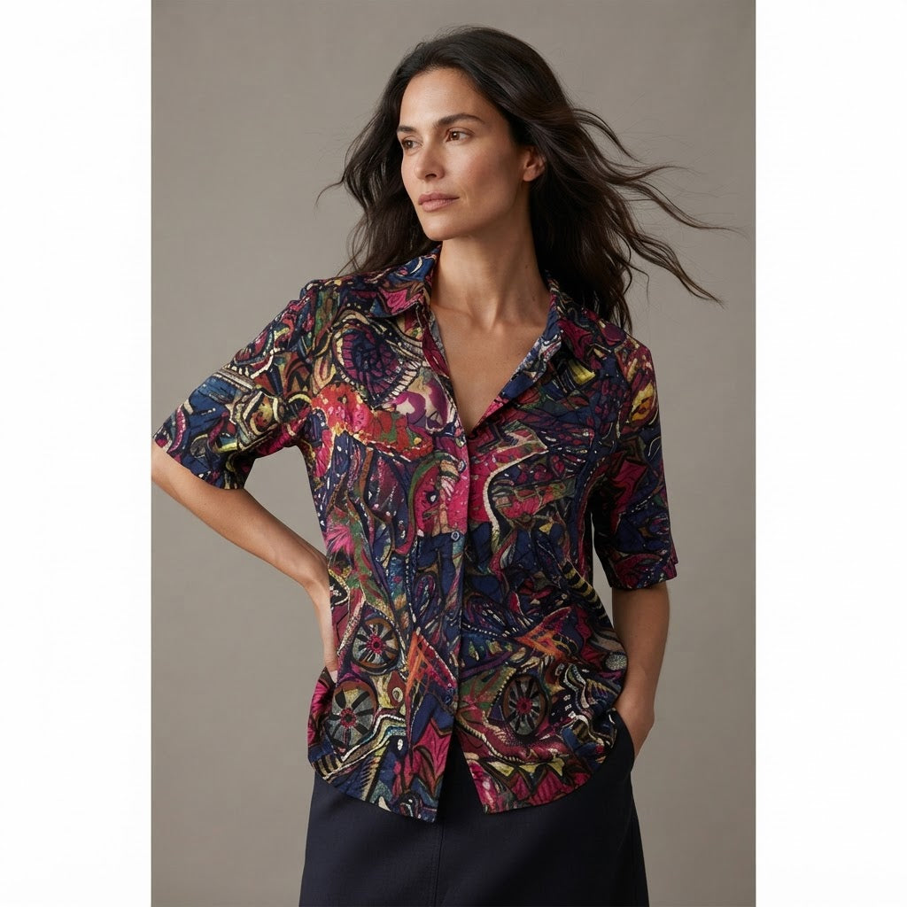 SHEIN Navy Multicolour Abstract Print Relaxed Rayon Blouse