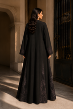 Premium Black A-Line Open-Front Abaya with Floral Lace