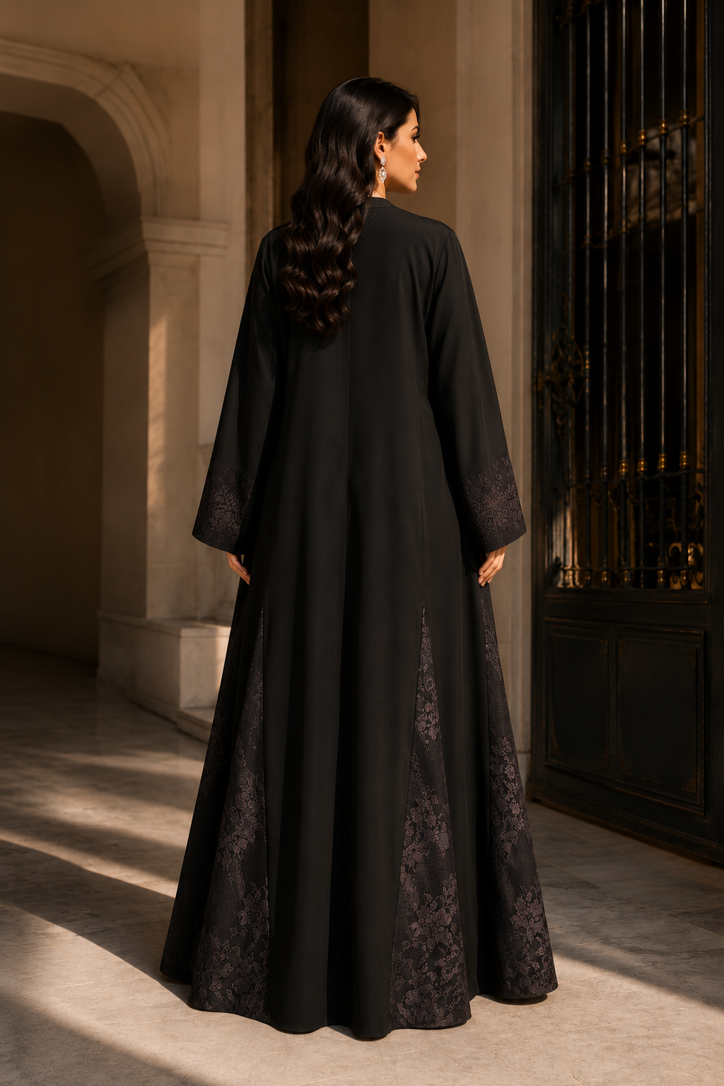 Premium Black A-Line Open-Front Abaya with Floral Lace