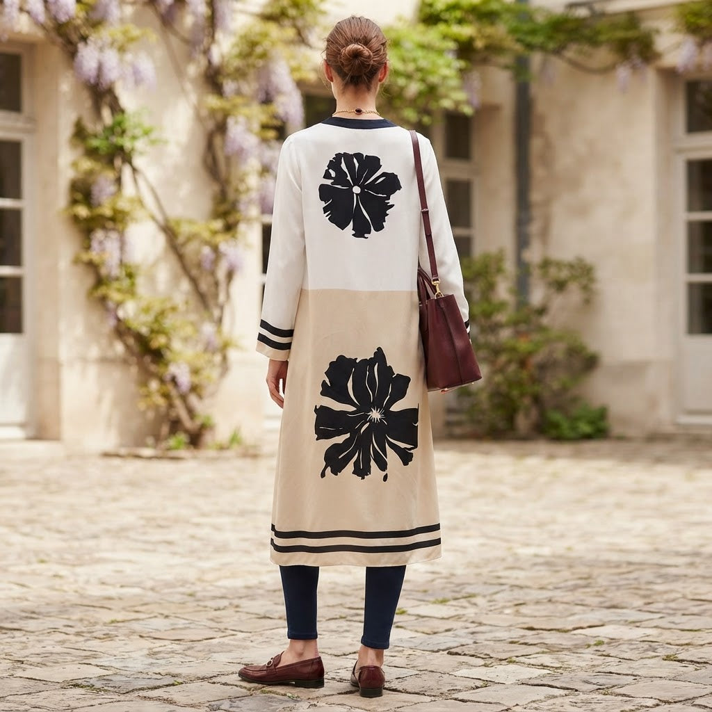 Koton Women's White and white Floral Print Long Open-Front Abaya