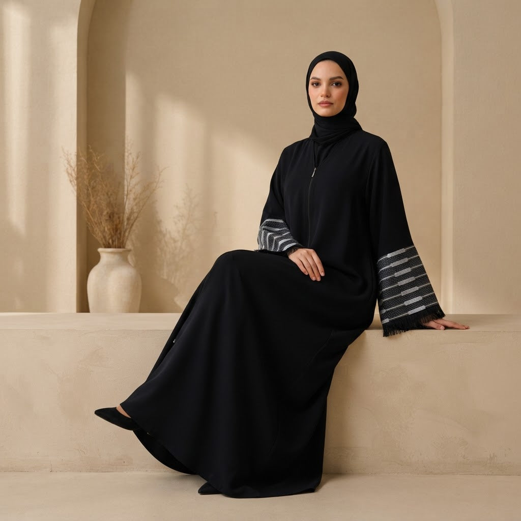 ASALA Deep Navy Zip-Front Abaya with Decorative Fringe Cuffs