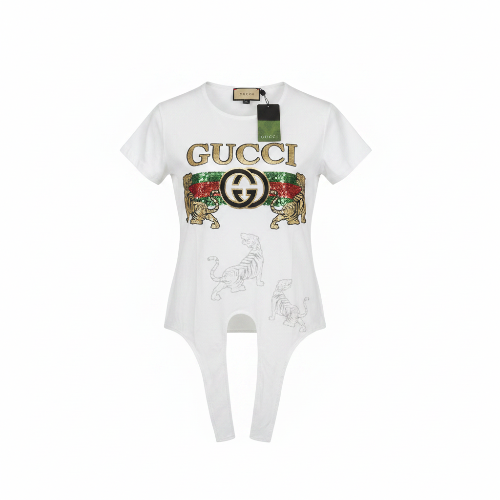Gucci White Tiger Logo Tie-Front Graphic T-Shirt