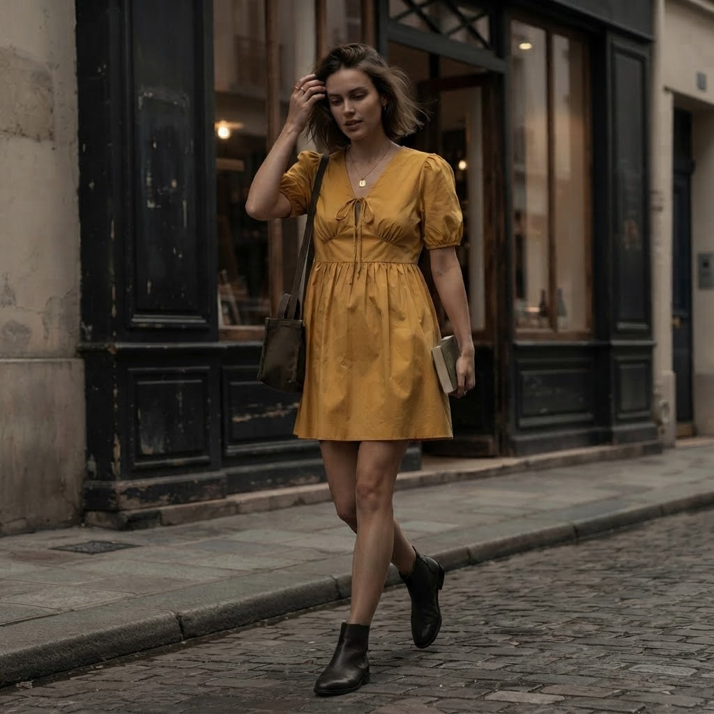 SHEIN Mustard Yellow Lace-Up Mini Baby-Doll Dress