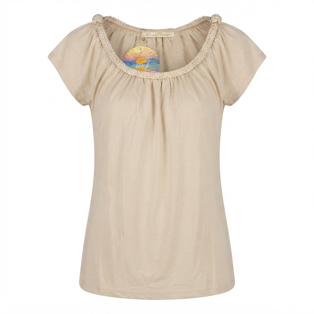 Love and Money Oatmeal Gathered Scoop Neck Top with Braided