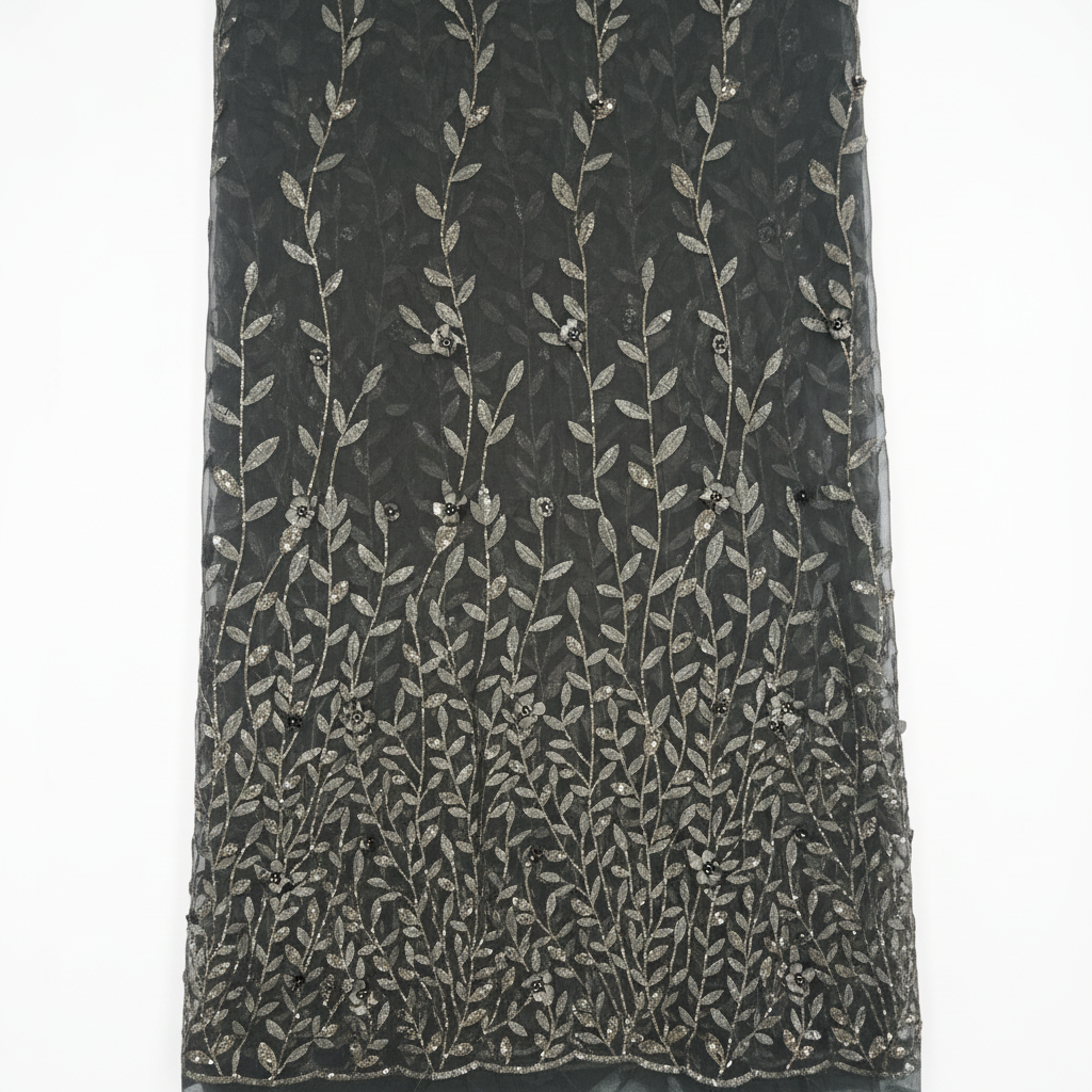 Elegant Black Sequin Embroidered Long Open Abaya