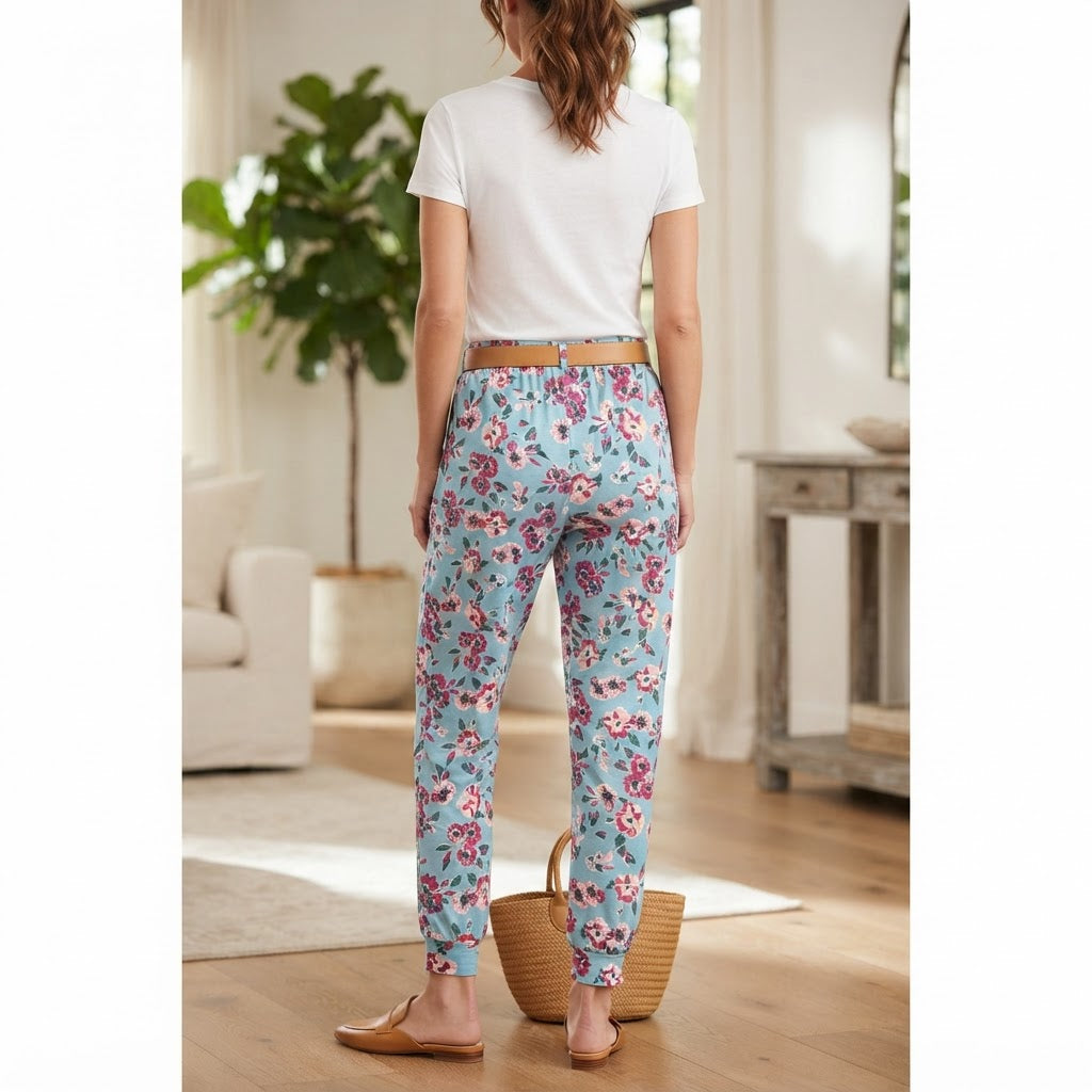 Women's Light Blue Floral Print Pajama Jogger Pants