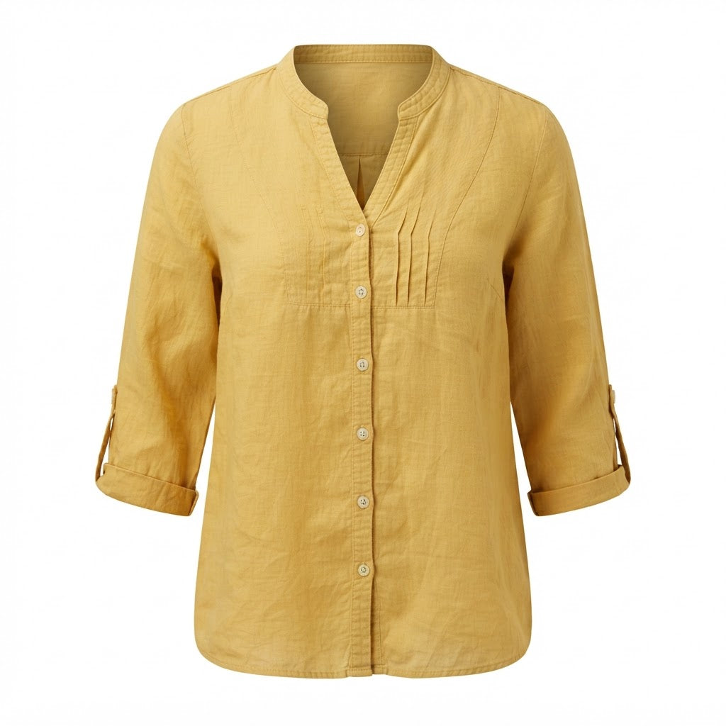 Women's Yellow Roll-Tab Sleeve Button-Down Blouse