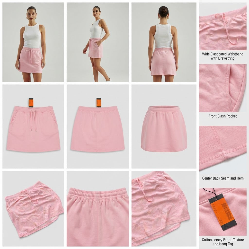 Pastel Pink Jersey Drawstring Mini Skirt with Pockets