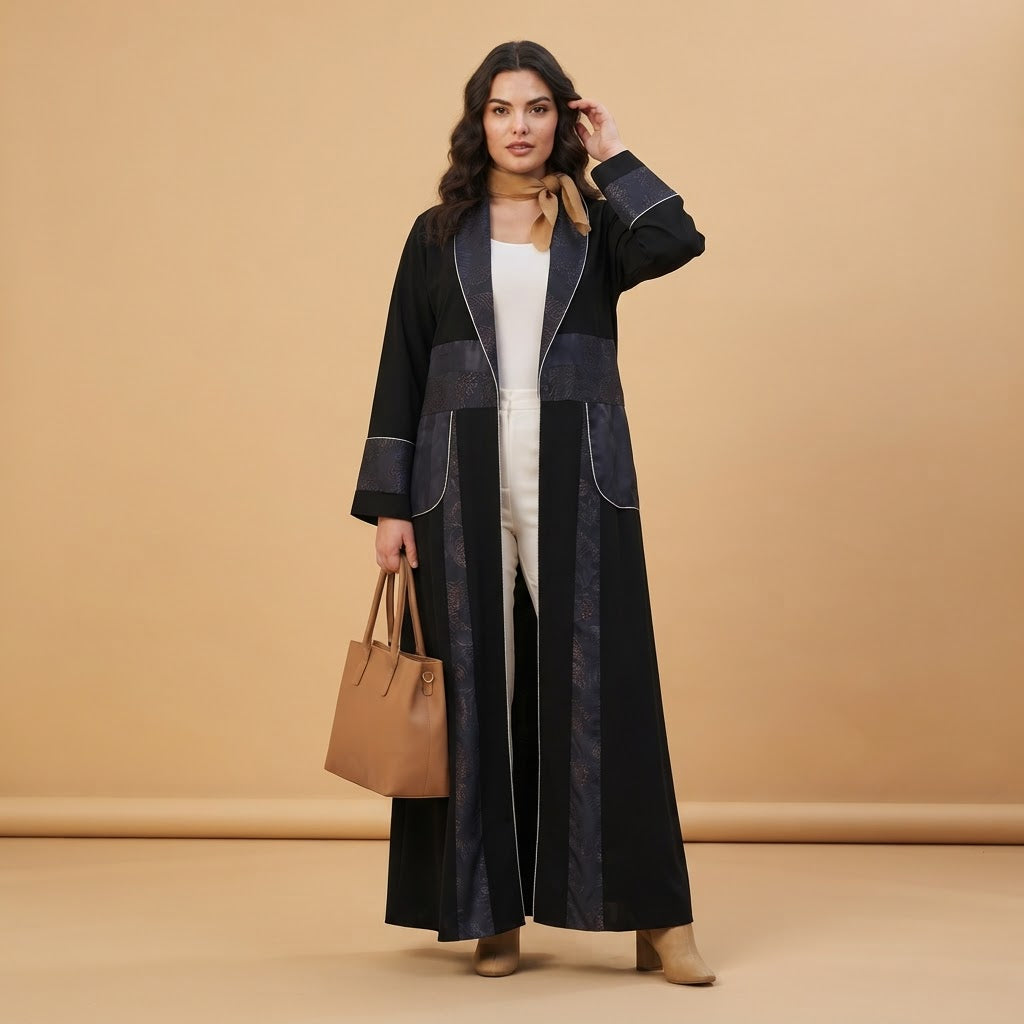 Women's Black & black Metallic Jacquard Open Abaya