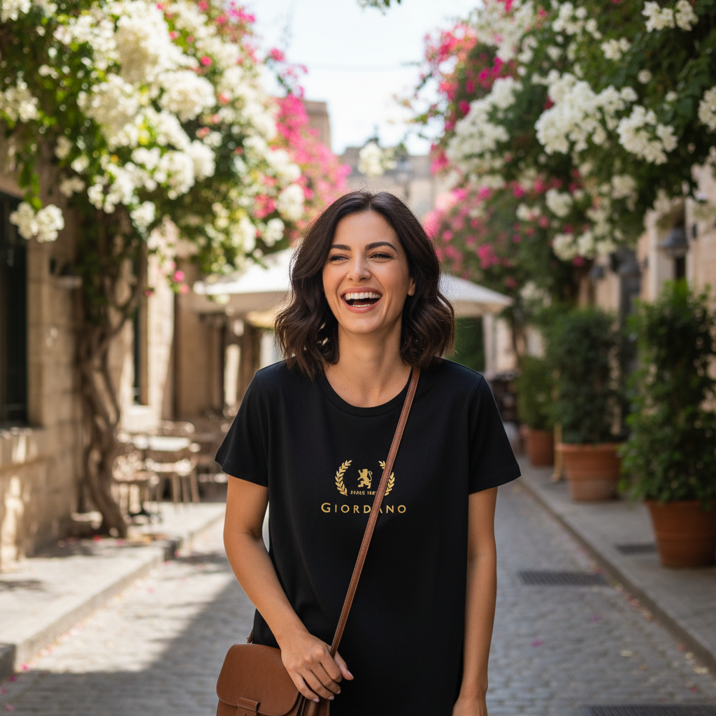 Giordano Women's Black T-Shirt with Gold Crest Logo - XL