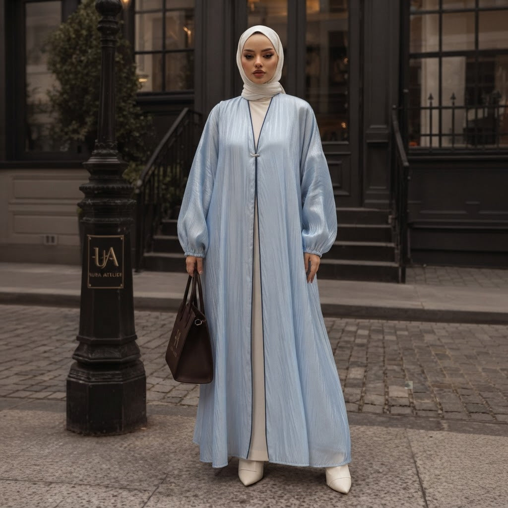 Powder Blue Crinkle Organza Floor-Length Abaya Dress