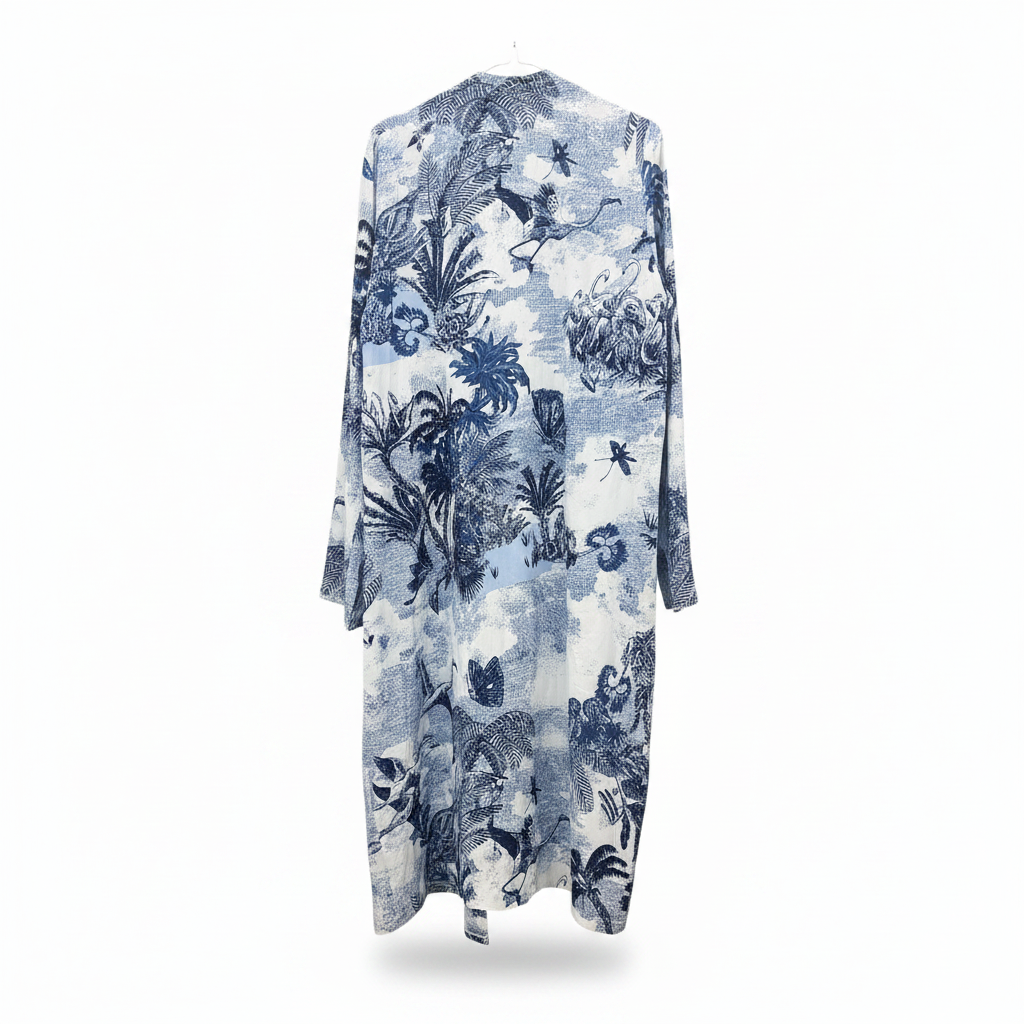 SHEIN Women's Blue and White Tropical Print Long Kimono Robe