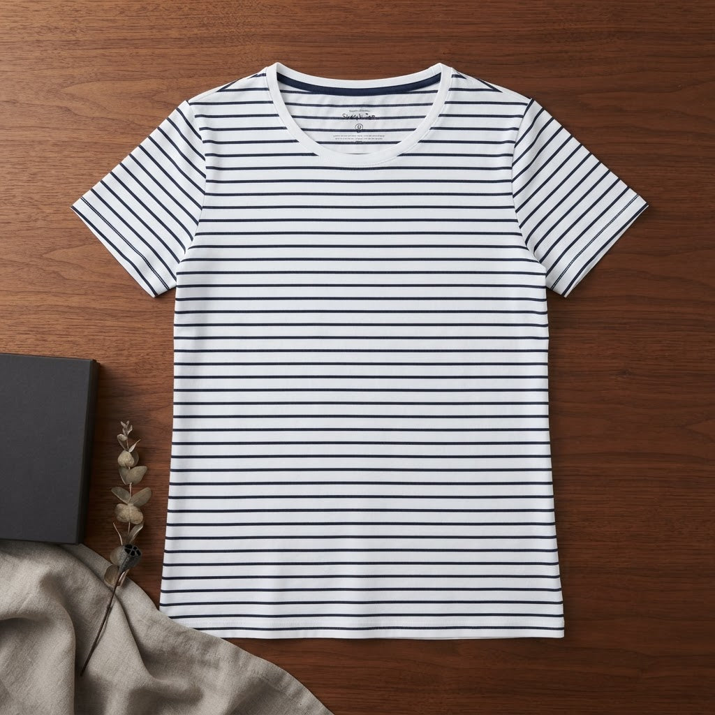 essentials White and Navy Striped Short-Sleeve Stretch T-Shi