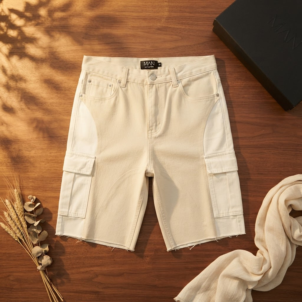 [WearU Generated:merch_flat_lay] Boohooman Ecru Cotton Twill Colour Block Wide-Leg Cargo Shorts – flat lay view