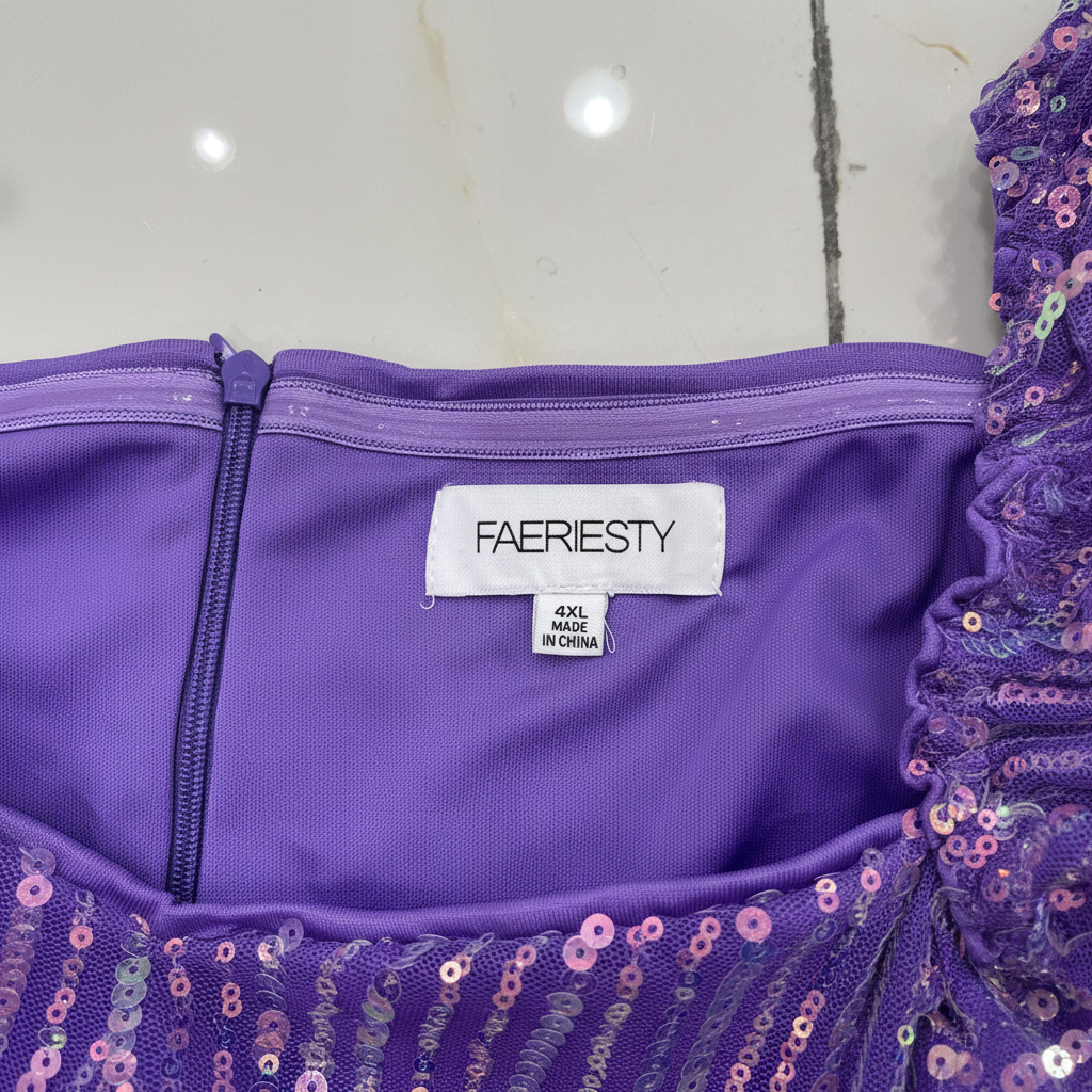 FAERIESTY Purple Iridescent Sequin Puff Sleeve Dress