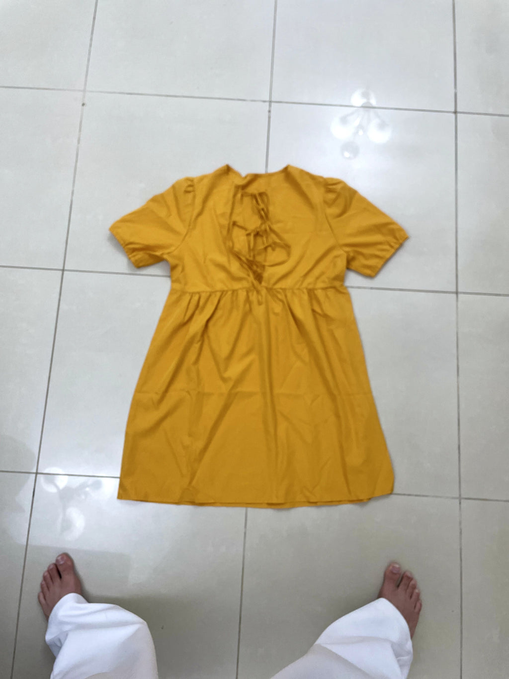 SHEIN Mustard Yellow Lace-Up Mini Baby-Doll Dress