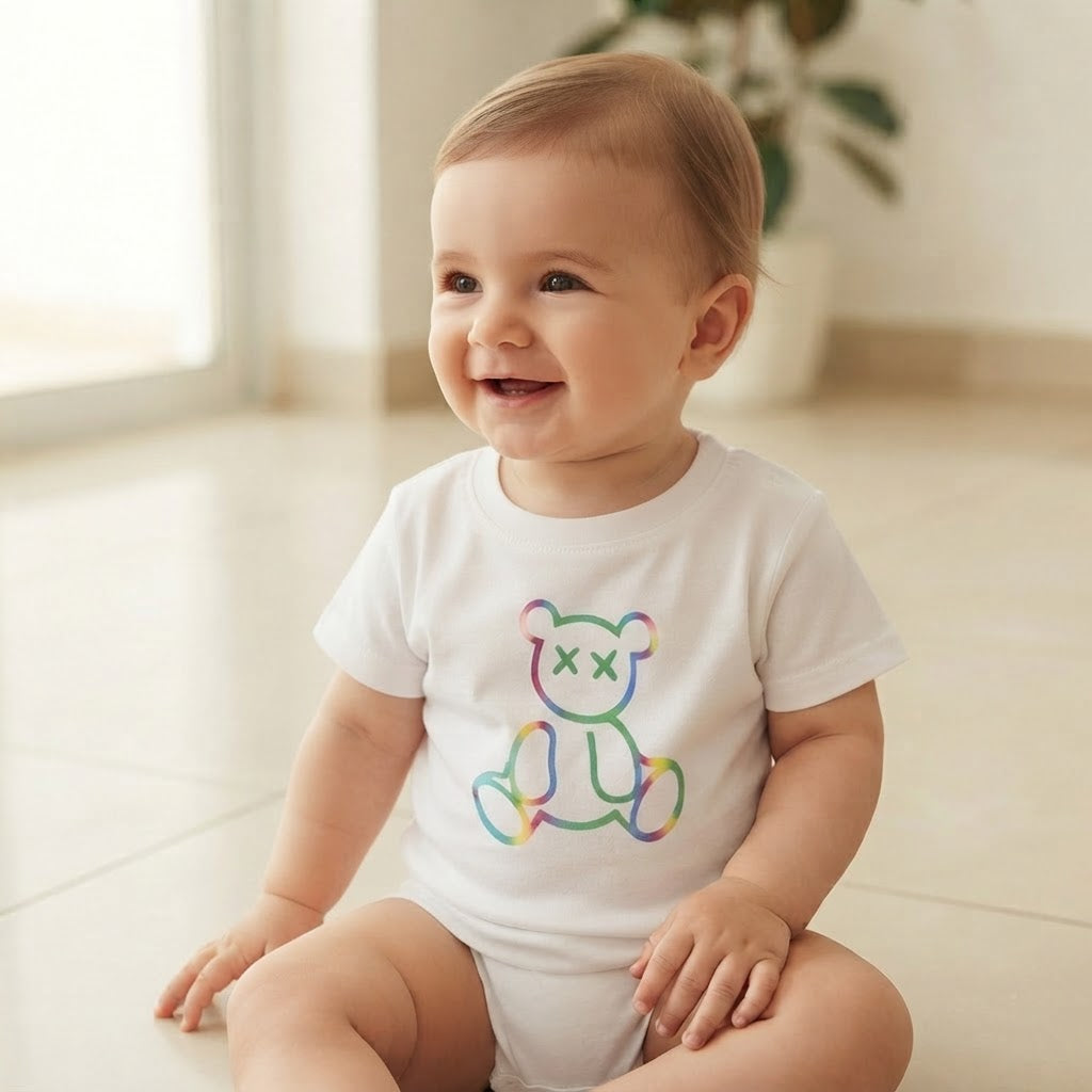 SHEIN White Infant T-Shirt with Rainbow Outline Bear Graphic