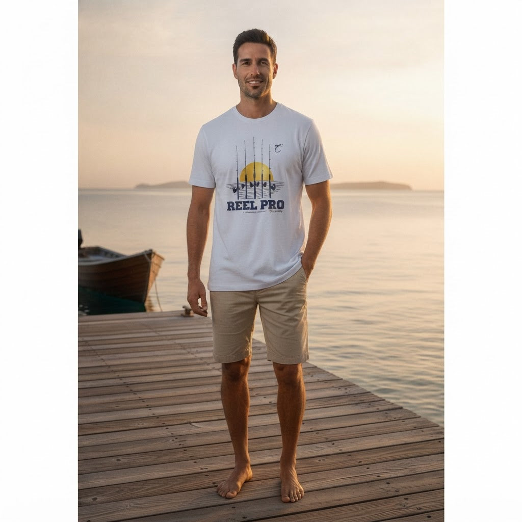 Reel Pro White Graphic Fishing T-Shirt with Reel Pro Back Pr