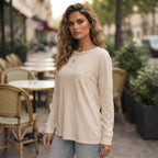 Emery Rose Oatmeal Relaxed Long-Sleeve T-Shirt with Chest Po